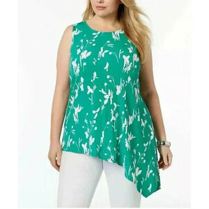 Alfani Women's Kelly Green Floral Asymmetrical Jersey Knit Blouse Plus‎ Sz 2X
